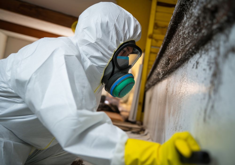 Professional mold removal technician treating mold on wall