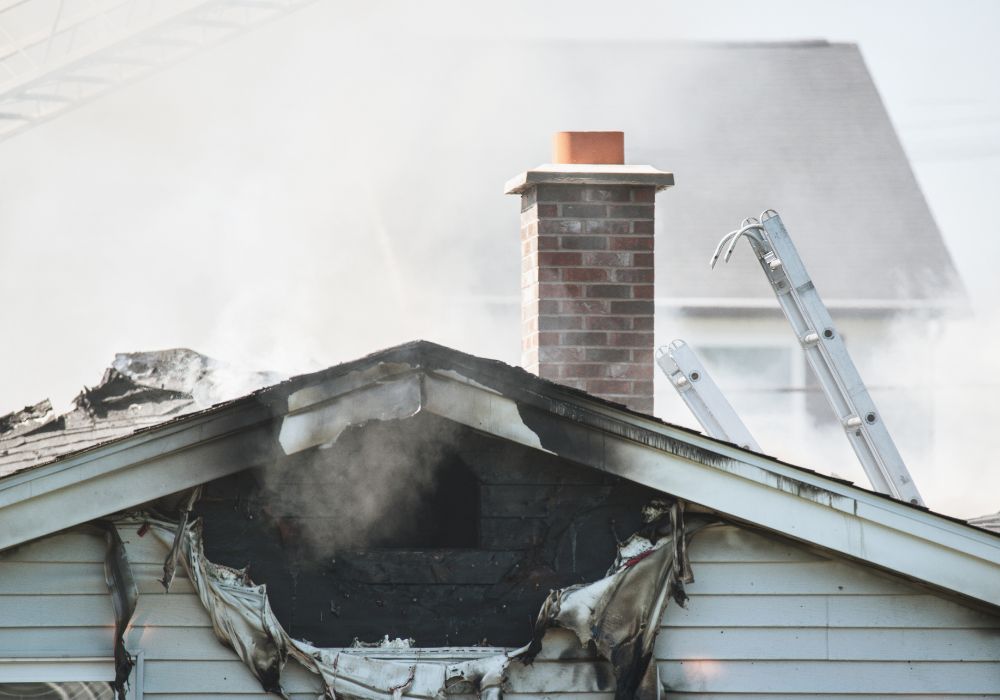 Burned building exterior after fire damage