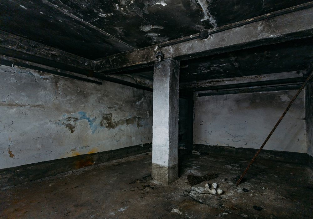 Burned building exterior after fire damage