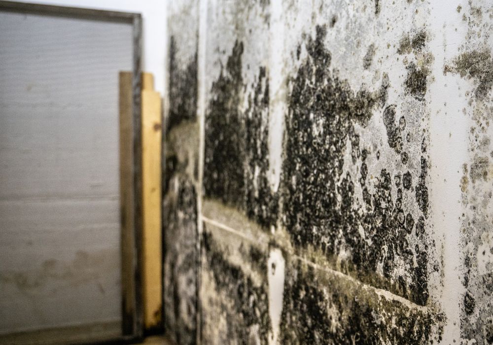 Professional mold removal technician treating mold on wall