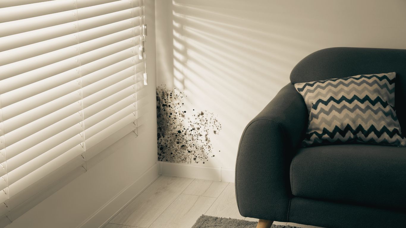 Black mold growing on a white wall in a sunlit living room corner next to a window with blinds and a gray couch, indicating a need for professional mold removal.