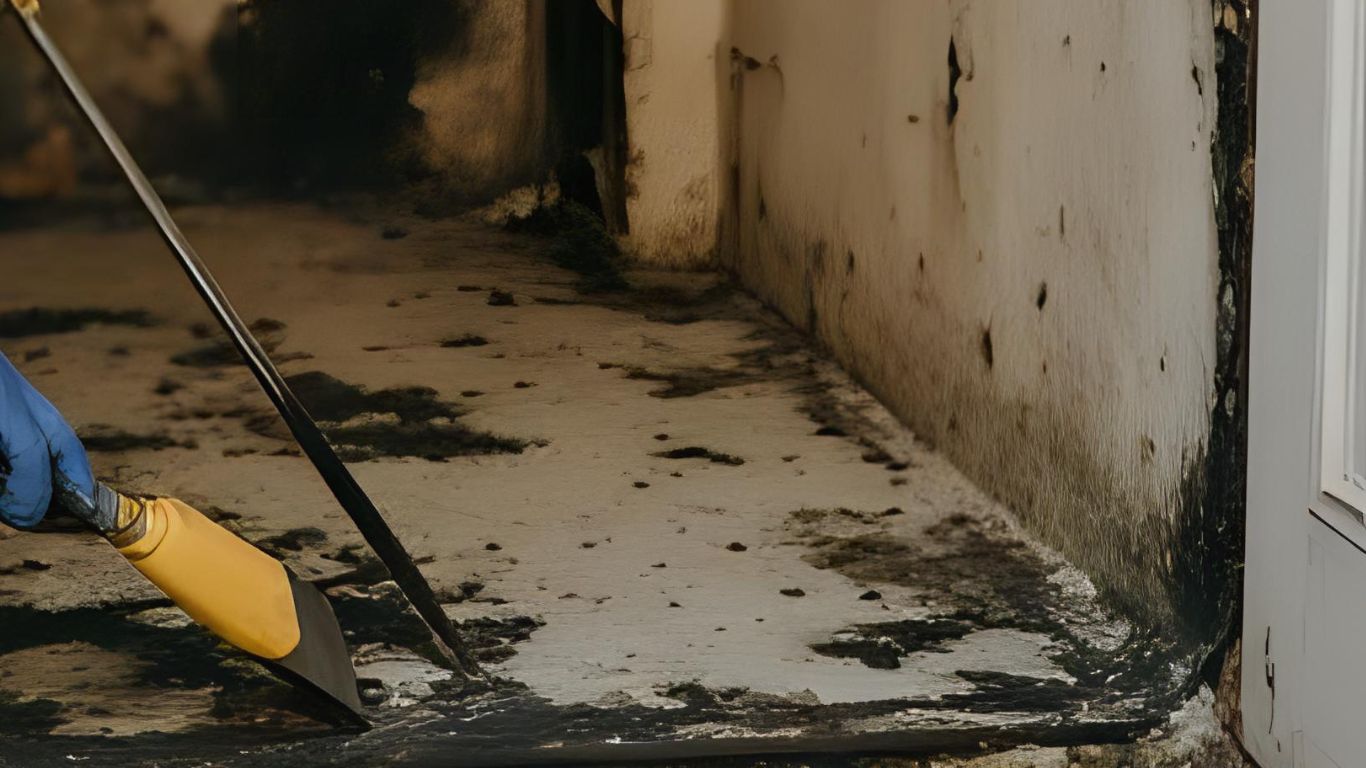 Professional soot removal in a fire-damaged room, cleaning walls and floors to restore the space.
